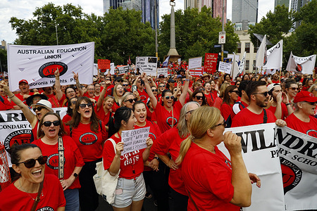 Protesters chant slogans during the rally. Tens of thousands of public school teachers, principals, and education support staff have gathered in Melbourne’s CBD as part of a statewide strike over an ongoing wage dispute with the Victorian Government. Organised by the Australian Education Union, the protest marks the first 24-hour strike in 13 years, with participants marching from Trades Hall to Parliament House. The union is pushing for a 35 per cent pay rise over four years, arguing Victorian teachers are underpaid compared to other states, after rejecting the government’s 17 per cent offer.