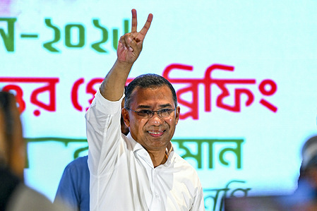 Bangladesh Nationalist Party (BNP) chairman Tarique Rahman shows victory sign after addressing a press conference. Election Commission figures showed Rahman's BNP had won a landslide victory in the elections on February 12, the first since a deadly 2024 uprising ousted the iron-fisted rule of Sheikh Hasina.