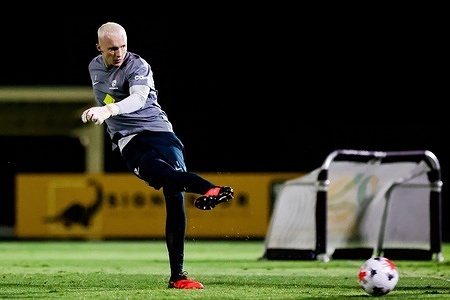 Australian Socceroos squad debutant goalkeeper Jacob Chapman in action during training in preparation for the two-match series versus Brazil in Townsville and Brisbane over the next week.