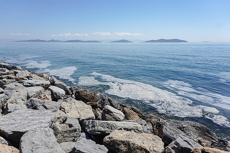 View of polluted sea in Kadıköy, İstanbul.
Marmara Sea covered by sea snot in Istanbul, Turkey. Due to global heating, the blanket of the mucus-like substance is increasing day by day and threatens the environment and fishing industry. 
 The main reason for Sea Snot growth is the water temperature in the Marmara Sea that was measured at 2.5 degrees above the average of the last 40 years.