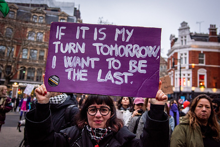 A protestor holds a placard during the International Feminist Strike March in London. In a call for global solidarity, people joined an international feminist strike to resist interconnected systems of patriarchal violence, fascism, and colonial oppression while championing the rights of marginalised communities and liberation movements worldwide.