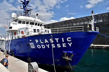 General view of the Plastic Odyssey docked in Marseille. The Plastic Odyssey ship is docked at the French Mediterranean port of Marseille before setting off on a three-year circumnavigation of the globe with the mission of protecting the oceans from plastic pollution around the world.