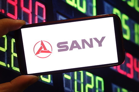 In this photo illustration, the Sany Heavy Industry company logo is seen displayed on a smartphone screen.