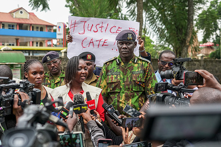 A representative of journalists in Nakuru speaks at the Central Police Station during a protest against police brutality after one of their colleagues was shot and injured in an antigovernment demonstrations on July 16, 2024.