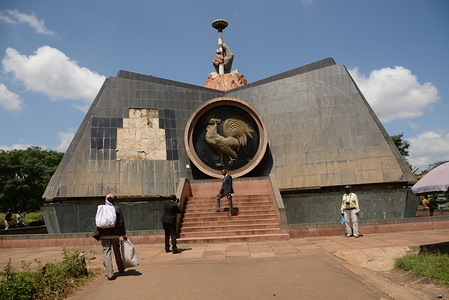 People walk past the nyayo monument at central park in Nairobi, It was built in 1988 during the late Daniel Arap Moi's regime to commemorate 25 years of independence.
Former President of Kenya, Daniel Arap Moi died aged 95 while undergoing treatment at the Nairobi Hospital on February 4, 2020. He was president for 24 years from 1978 to 2002.