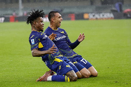 Giovane Santana do Nascimento celebrates a goal during the Italian Serie A soccer match between Hellas Verona FC and Inter FC at Marcantonio Bentegodi Stadium. Final scores; Hellas Verona FC 1-2 Inter FC.