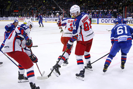 CSKA Hockey Club player, Vladislav Kamenev (No.94), Konstantin Okulov (No.71), Fredrik Claesson (No.3) seen in action during the Kontinental Hockey League, Gagarin Cup, match 1, final of the Western Conference season KHL 2022 - 2023 between SKA Saint Petersburg and CSKA Moscow at the Ice Sports Palace.(Final score; SKA Saint Petersburg 2:3 CSKA Moscow)