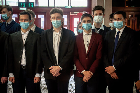 Tambov students seen wearing face masks a preventive measure against Covid-19 before an excursion to the factory "October" in the city of Tambov.
An excursion to the industrial enterprises of the city of Tambov was arranged for Tambov students.