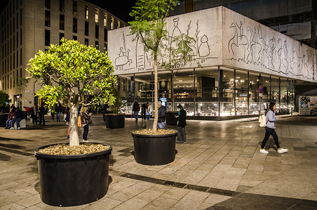 Local people walk by as large pots with plants seen surrounding the upcoming Chrismas market used to protect the people from a possible terrorist attack.
Few days before the opening of the traditional market of Christmas on the Cathedral of Barcelona square, the Town Hall has deployed a system of large pots with big plants and concrete cubes defences to protect the market from a possible terrorist attack using a car as the Christmas market will open it’s doors on November 24, 2017.