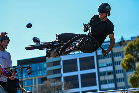 Australian BMX rider Will Spedding is seen in action during the Monster Energy Rig Riot event. Rig Riot event was brought by Monster Energy and featured World Class skateboarders and BMX riders performing trick on a ramp.