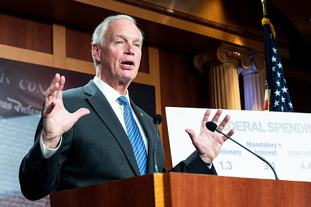 U.S. Senator Ron Johnson (R-WI) speaking at a press conference with Senate Republicans about proposed budget legislation.