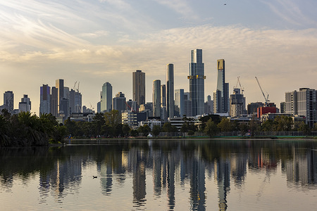 A view of the Melbourne CBD from the Albert Park Grand Prix circuit during preparations ahead of the 2022 Australian Grand Prix.