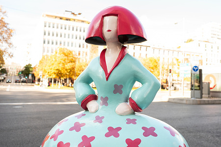 A sculpture in the shape of the figures of the painter Velázquez Las Menina is seen during the Meninas Madrid Gallery exhibition.