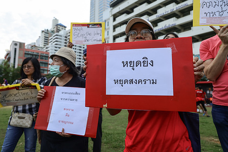 Protesters hold placards expressing their opinion during the demonstration. Thai protesters with signs calling for an end to the war gathered at Srinakharinwirot University, urging the Thai government to agree to a ceasefire with Cambodia, as heavy clashes have continued along the Cambodian border for the past week.