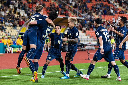 Players of Thailand celebrate a goal during the Asian Cup 2027 Qualifiers Group D Match between Thailand and Turkmenistan at Rajamangala National stadium. Final score; Thailand 2 : 1 Turkmenistan.