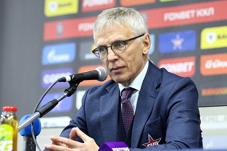 Igor Larionov, head coach of SKA Hockey Club seen during a Press Conference after the Hockey match, Kontinental Hockey League 2025/2026 between SKA Saint Petersburg and Lada Togliatti at the Ice Sports Palace. (Final score; SKA Saint Petersburg 6:1 Lada Togliatti).