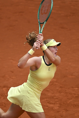 Mirra Andreeva of Russia plays against Dalma Galfi of Hungary (Not in picture) during the Women’s Singles Round of 32 match on Day Six at La Caja Magica. Victory of Mirra Andreeva 6-3, 6-2.