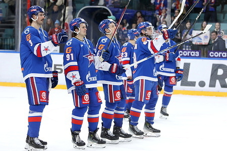 Andrei Pedan (3), Ignat Lutfullin (91), Marat Khairullin (61) of SKA Hockey Club seen in action during the Hockey match, Kontinental Hockey League 2025/2026 between SKA Saint Petersburg and Spartak Moscow at the Ice Sports Palace. (Final score; SKA Saint Petersburg 1:2 Spartak Moscow).