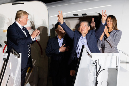 President Donald Trump and his wife Melania welcoming the three American detainees (Kim Dong-chul, Kim Hak-song, and Tony Kim) held in captivity in North Korea at Joint Base Andrews in Suitland.