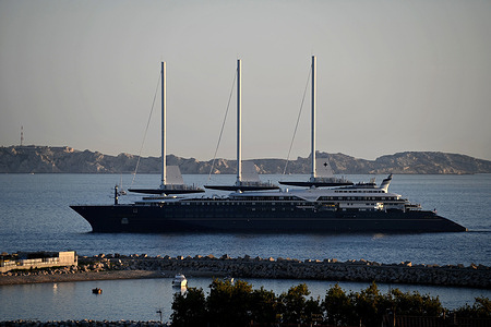 View of the Orient Express Corinthian arriving in Marseille. The Orient Express Corinthian cruise ship, using wind as its main propulsion, arrives at the French Mediterranean port of Marseille.