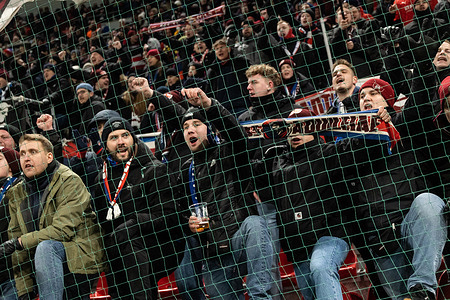 Fans of 1. FC Heidenheim 1846 celebrate after the UEFA Europa Conference League 2024/25 League Knockout Play-off First Leg match between F.C. Copenhagen and 1. FC Heidenheim 1846 at Parken Stadium. Final score; F.C. Copenhagen 1:2 FC Heidenheim 1846