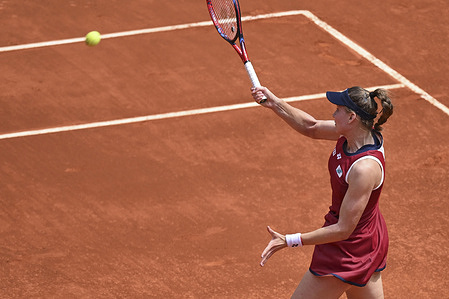 Elena Rybakina of Kazakhstan plays against Elena-Gabriela Ruse of Romania (not in view) during the Women's Singles Second Round match during the Mutua Madrid Open 2026 tournament at La Caja Magica. victory of Elena Rybakina 4-6, 6-3, 7-5