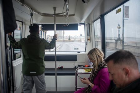 General view of the road from the self-driving shuttle in Margate. The fourth annual Self-Driving Industry Awards 2026 (SDIA26) takes place in Margate, UK. The event was organised by the Cars of the Future. An Ohmio Lift Self-Driving Shuttle demonstrates the future of traveling by bus in cities. It was transporting guests and members of the public between Margate Station and the Turner Contemporary Gallery.
