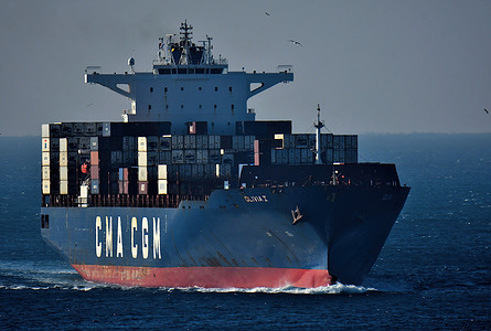 The container ship Olivia I of the company CMA CGM arrives at the French Mediterranean port of Marseille.