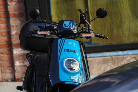 A Revel scooter seen parked in Williamsburg.
