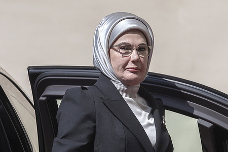 First Lady Emine Erdogan, wife of the President of the Republic of Turkey, arrives at the San Damaso courtyard for a private audience with Pope Leo XIV.