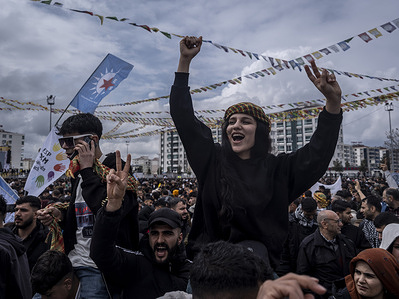 A young Kurdish woman shout peace slogans during the Newroz celebrations. The final event of the Nevruz Bayram (Newroz Festival) celebrations, organized by the DEM Party in 53 different locations this year, was held at Nevruz Park in the Bağlar district, had the slogan "Nevruz of Freedom and Democracy" this year.
