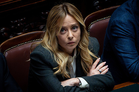 Italian Prime Minister Giorgia Meloni addresses the Italian Chamber of Deputies for an update on Government action at Palazzo Montecitorio in Rome.