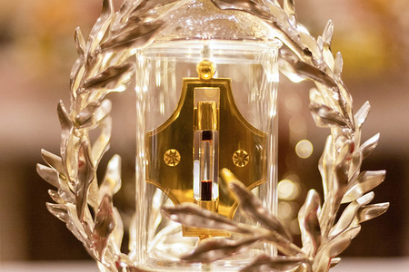 The glass encased reliquary of Pope John Paul II's blood is displayed at the Manila Cathedral in Intramuros. The blood was extracted from Pope John Paul II during his battle from Parkinson's disease, in case the Pope needed an emergency transfusion.