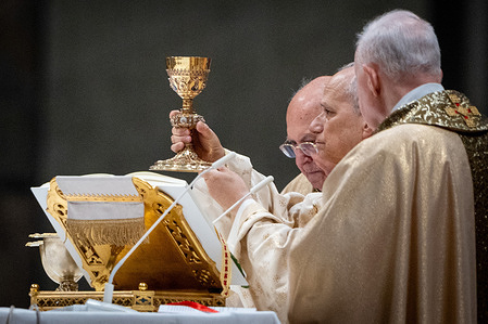 Pope Leo XIV seen during the Christmas Morning Mass in St. Peter's Basilica .