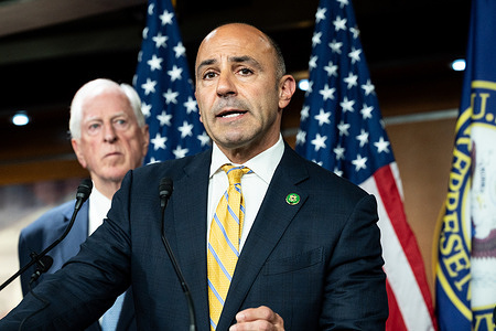 U.S. Representative Jimmy Panetta (D-CA) speaking at a press conference where House Democrats who are military veterans spoke about gun violence in the United States at the U.S. Capitol.