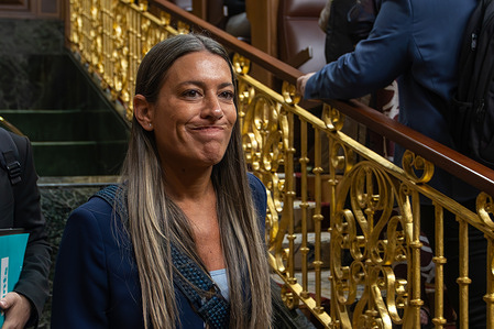 Míriam Nogueras, MP and spokesperson in the Congress of Deputies for the Catalan independence party Junts seen during the appearance at the Congress of Deputies of Pedro Sanchez, Prime Minister of Spain, to report on the energy crisis and potential defense spending.