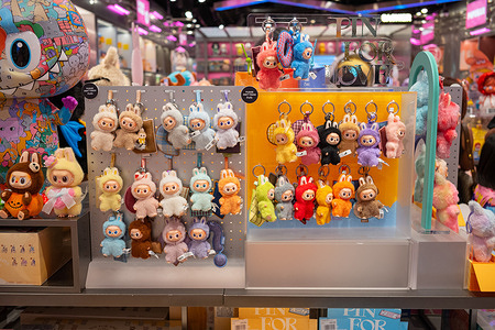 Labubu trinkets displayed in the Pop Mart shop at the Central Ladprao shopping mall.