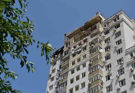 A damaged building seen after the drone attack. One person died after a Russian drone attack last night in the Holosiyevsky district of Kyiv. Russia invaded Ukraine on 24 February 2022, triggering the largest military attack in Europe since World War II.