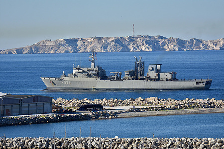 The Greek warship Prometheus A374 arrives at the French Mediterranean port of Marseille.