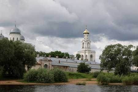 View of the Belfry of St. Sophia Cathedral, Bell Tower. Thought to date from the 9th century, Veliky Novgorod is considered to be one of the oldest cities in Russia. The city is located on the Volkhov River. UNESCO recognized the town as a World Heritage Site in 1992