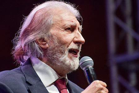 Roberto Scarpinato, former magistrate and member of the Five Star Movement, speaks during the rally. A rally organized by the Five Star Movement in solidarity with journalist Sigfrido Ranucci and in defense of press freedom, is held at Piazza Santi Apostoli after a bomb exploded outside Ranucci’s home.