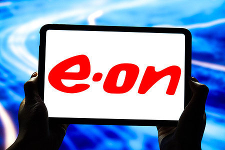 In this photo illustration, the E.ON logo is displayed on the screen of a smart tablet.
