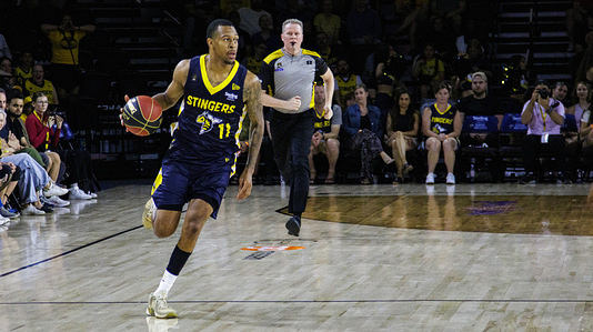Edmonton's Nick Hornsby leads the play down court during the Edmonton Stingers defeat of the Brampton Honeybadgers at Edmonton Expo Centre. Final score; Edmonton Stingers 99-81 Brampton Honeybadgers