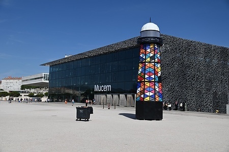 View of the sculpture "Re-Lighthouse" by Palestinian artist Shareef Sarhan in front of the Museum of European and Mediterranean Civilisations (Mucem) in Marseille. Installed on the esplanade of the Museum of European and Mediterranean Civilisations (Mucem), Shareef Sarhan's work "Re-Lighthouse" evokes the memory of the artist's original work "Lighthouse," which was displayed at the Gaza Port roundabout and destroyed by an Israeli tank at the beginning of the war in 2023.