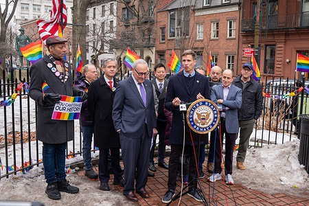 New York State Senator Erik Bottcher speaks during U.S. Senator Schumer press conference introducing a bill to make the Pride flag as a congressionally authorized flag at the Stonewall National Monument.