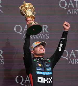 Lando Norris of McLaren F1 Team seen on the podium with his first place trophy after the Formula One British Grand Prix at Silverstone. Lando Norris of McLaren F1 Team is the winner of the British Grand Prix.