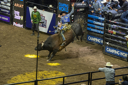 Nashville Stampede's Alan de Souza rides Mike's Motive in Shootout Matchups during the New York Mavericks' PBR Camping World Team Series homestand, Maverick Days event at Barclays Center in the Brooklyn Borough of New York City.