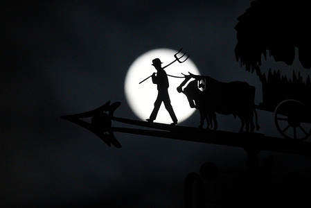 A weather vane seen silhouetted against the 'Supermoon' as it rises over the village of Almazán, north of Spain.
The moon reaches its point of perigee tonight, approaching a distance of around 224,000 miles from Earth.