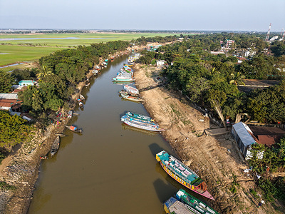 EDITOR'S NOTE : Image taken with a drone
Aerial view of tourist boats docked along the Jadukata River in Sunamganj.