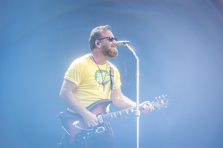 Dan Auerbach, lead singer and guitarist of the Black Keys band, performs on stage on the third day at the Rock en Seine music festival in Paris.